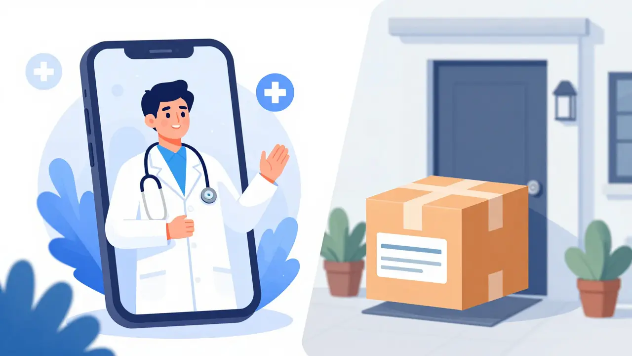 Telehealth consultation on a smartphone and a medication package at a doorstep