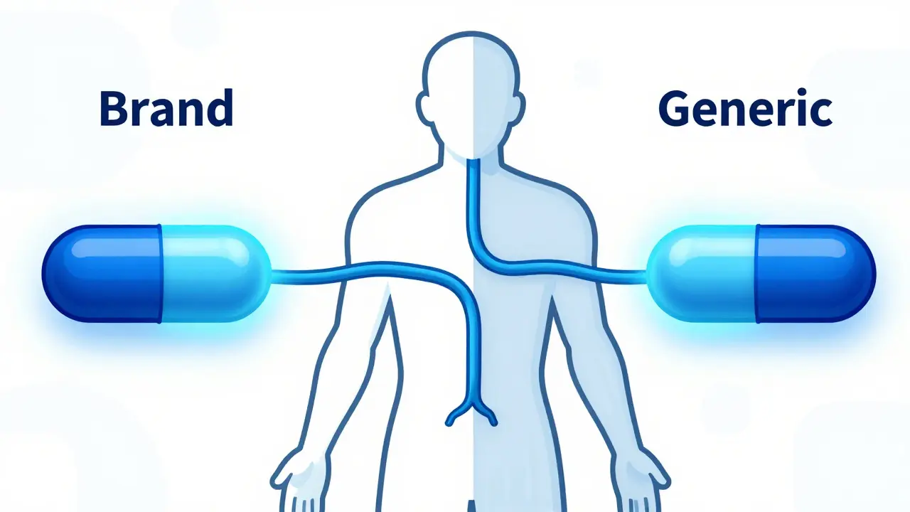 Atoomstijl art showing generic and brand drugs working identically in body