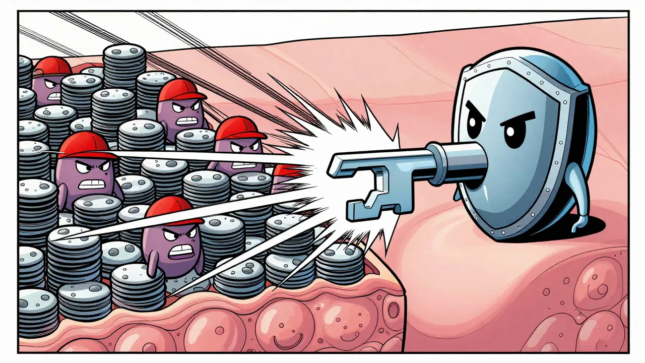 Cartoon comparison of inflamed skin with active T-cells versus clear skin protected by biologic therapy.