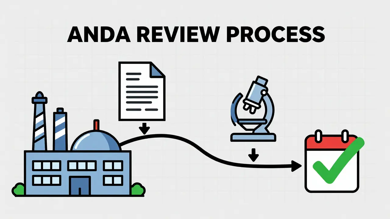 Cartoon diagram of the FDA generic drug approval timeline