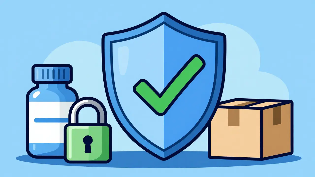 Graphic showing safety shield, pills, and secure delivery for online meds