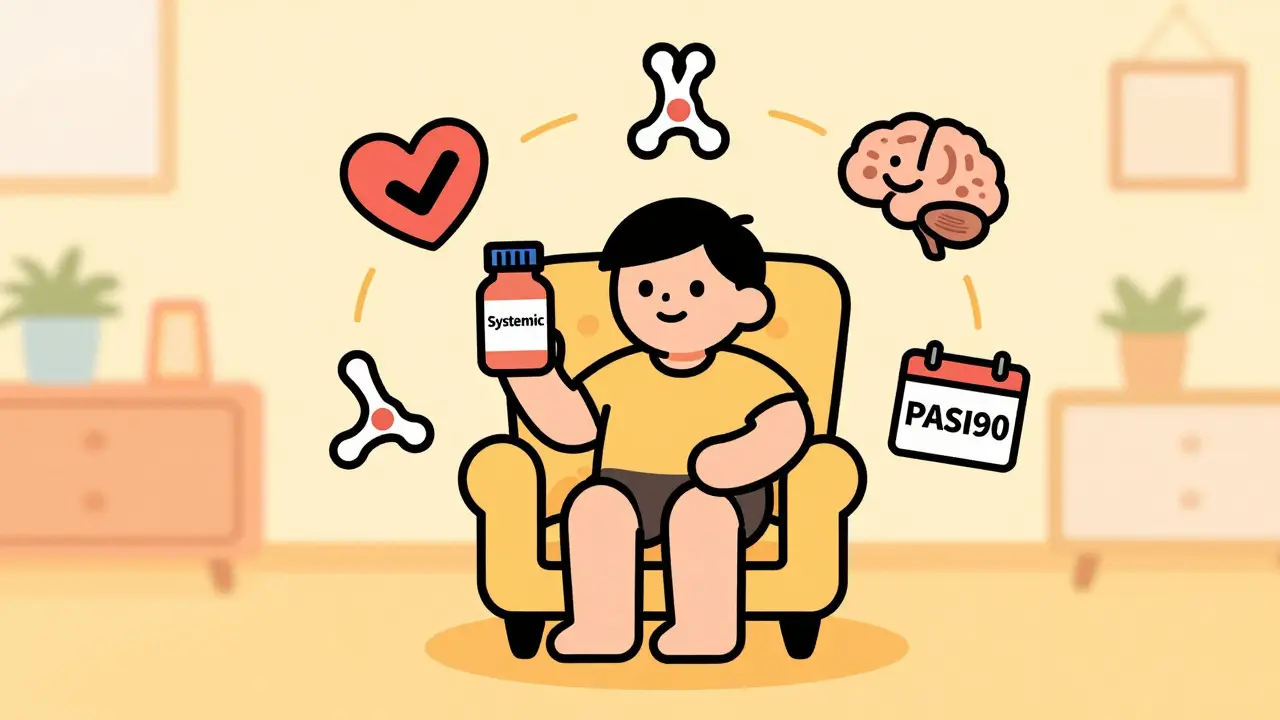 Happy patient surrounded by heart and mind symbols, representing holistic psoriasis management and wellness.