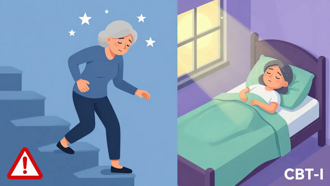 Illustration comparing fall risks vs safe sleep for seniors