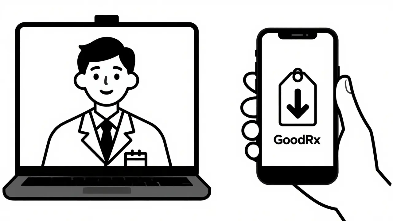 Illustration comparing telehealth consultation and price comparison tools