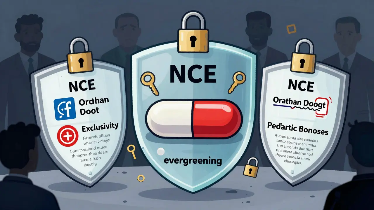 Illustration of a drug protected by multiple layered shields blocking generic competitors in Atoomstijl style.
