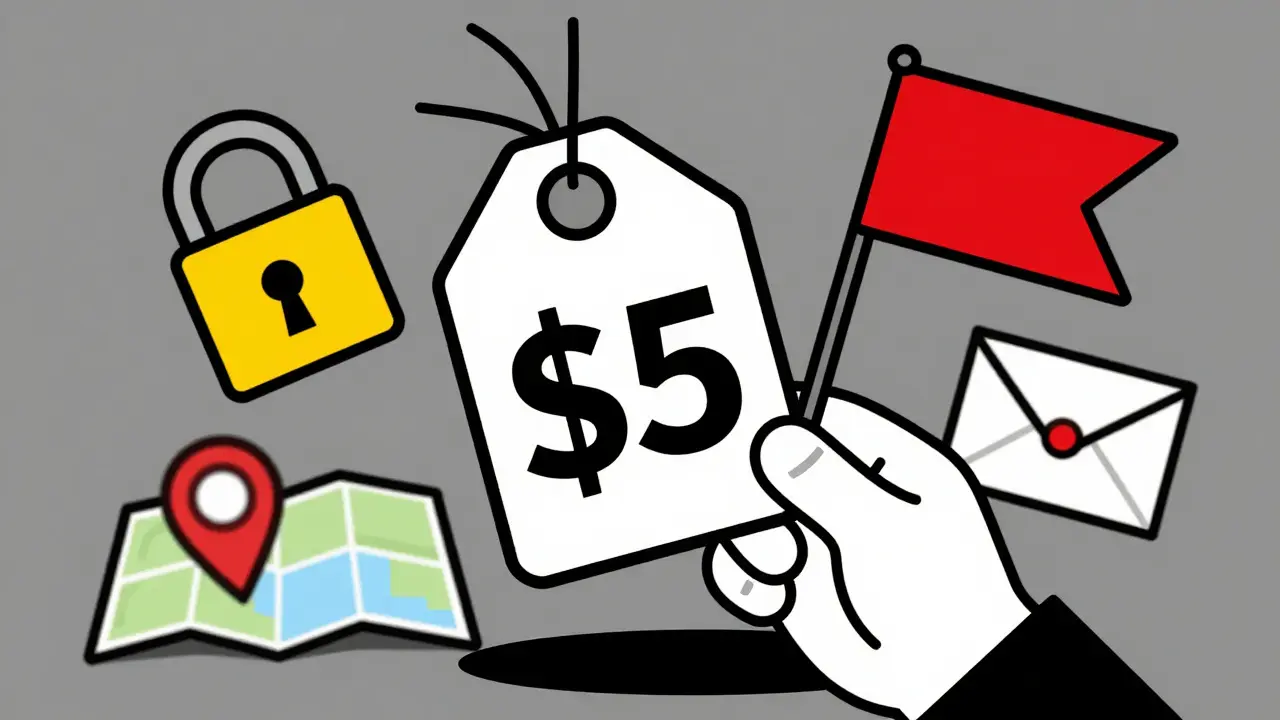 Illustration of scam red flags like fake seals, low prices, and hidden locations in Atoomstijl style.