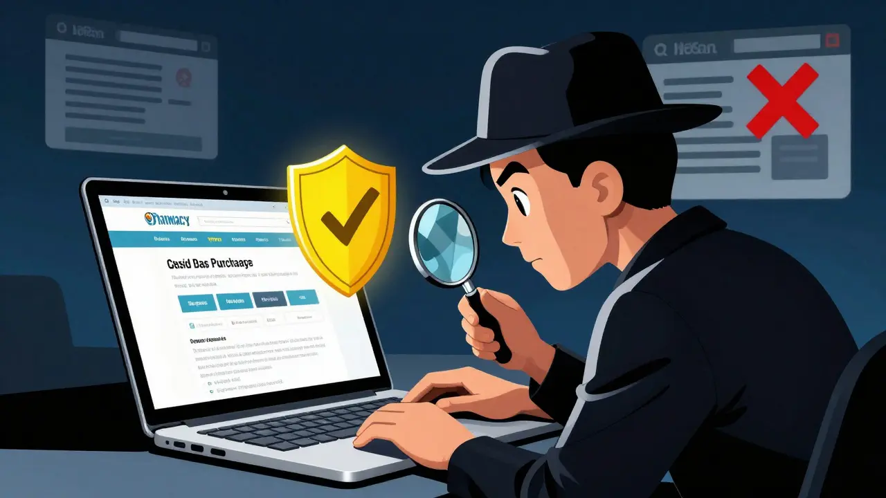 Illustration of verifying safe online pharmacies with a magnifying glass