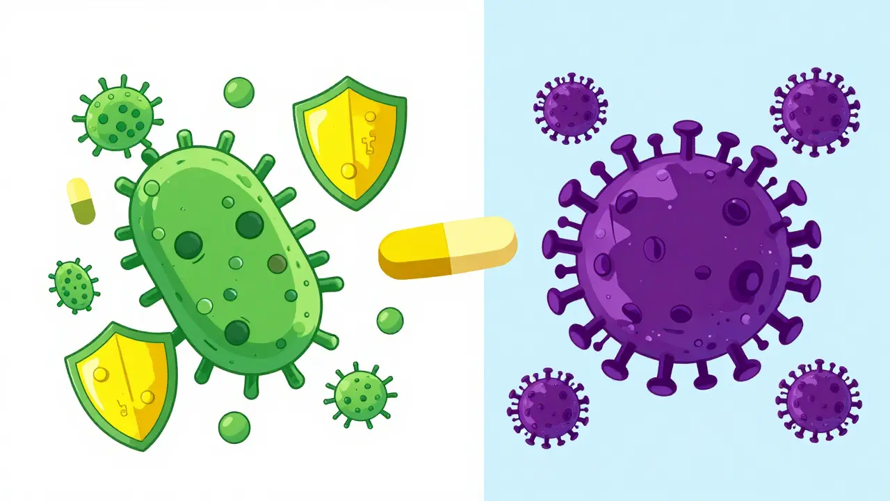Illustration showing antibiotics killing bacteria but not viruses