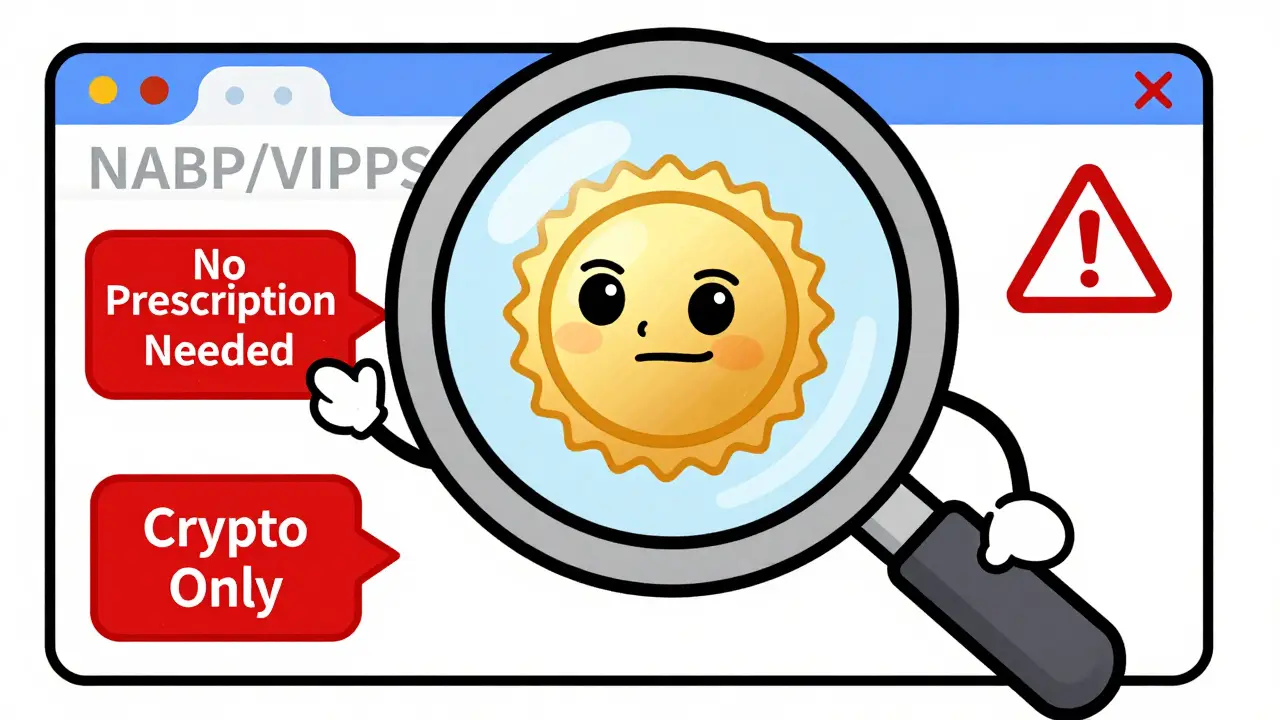 Magnifying glass checking for verified pharmacy seals and safety warnings