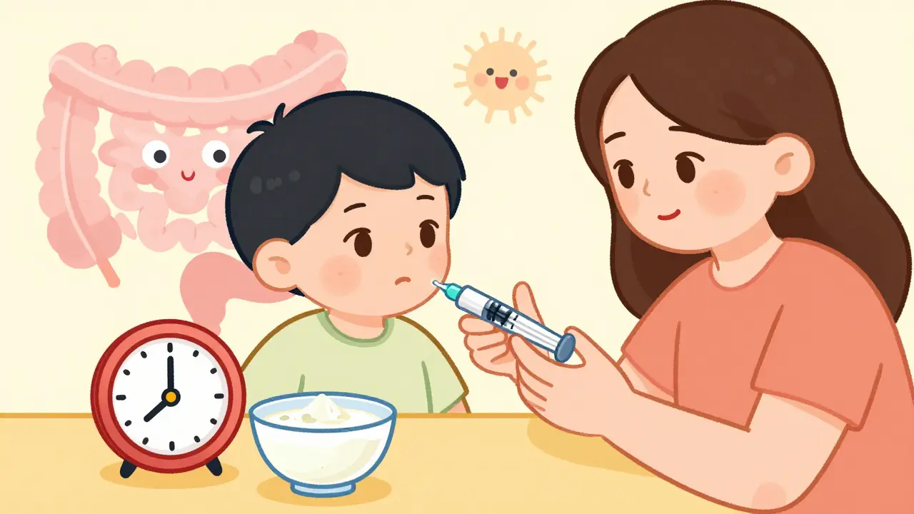 Parent giving child liquid medicine with probiotics nearby