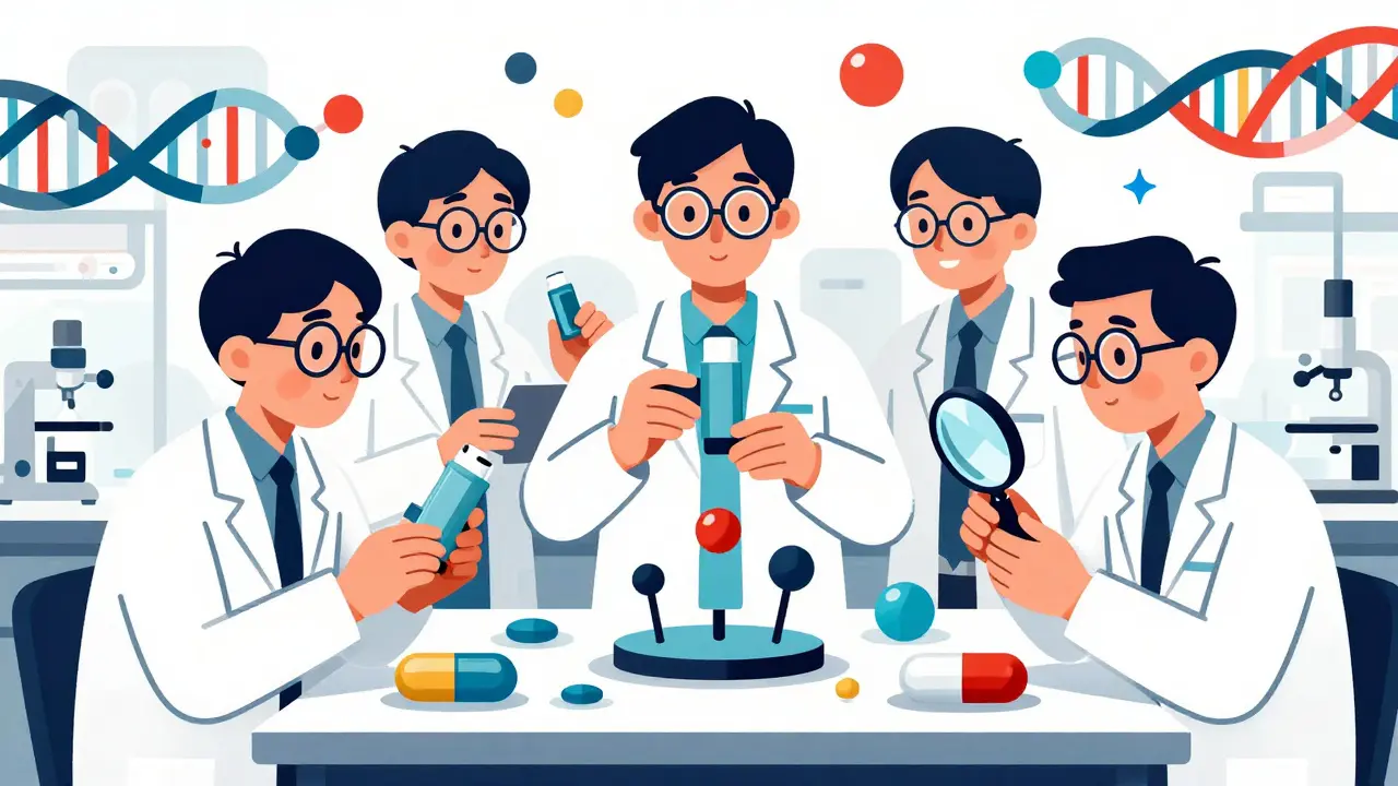 Scientists assembling complex drug devices in lab