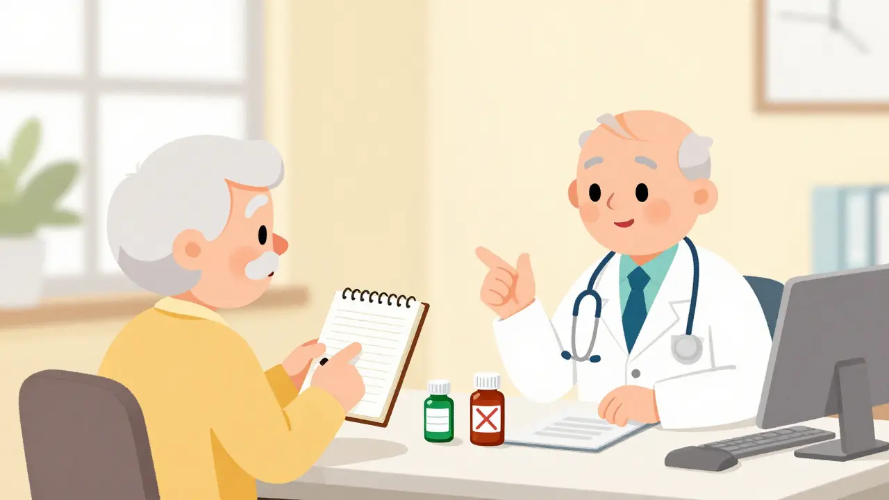 Senior discussing sleep diary and meds with doctor