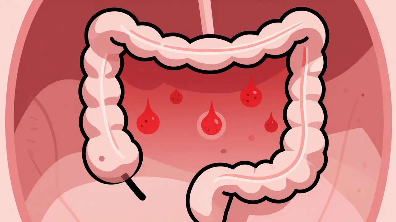 Stylized colon cross-section showing inflamed pouches