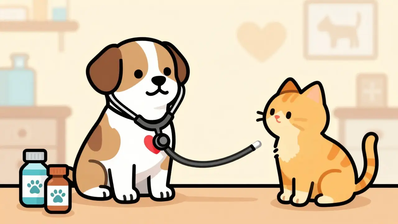 Veterinary cartoon showing pet heart health and medication