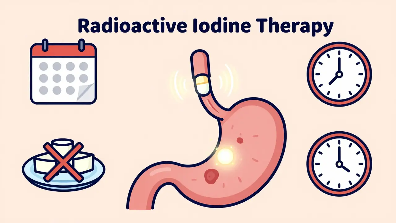 Atoomstijl drawing of radioactive iodine therapy and patient preparation steps