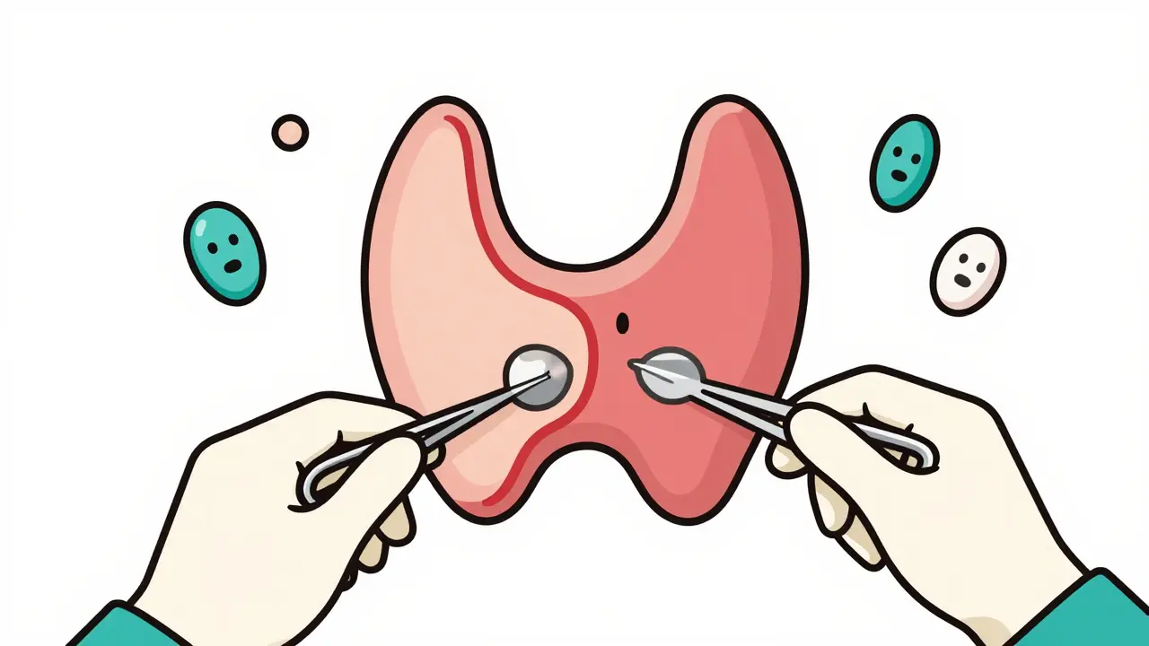 Cartoon illustration of thyroid surgery options: lobectomy vs total thyroidectomy