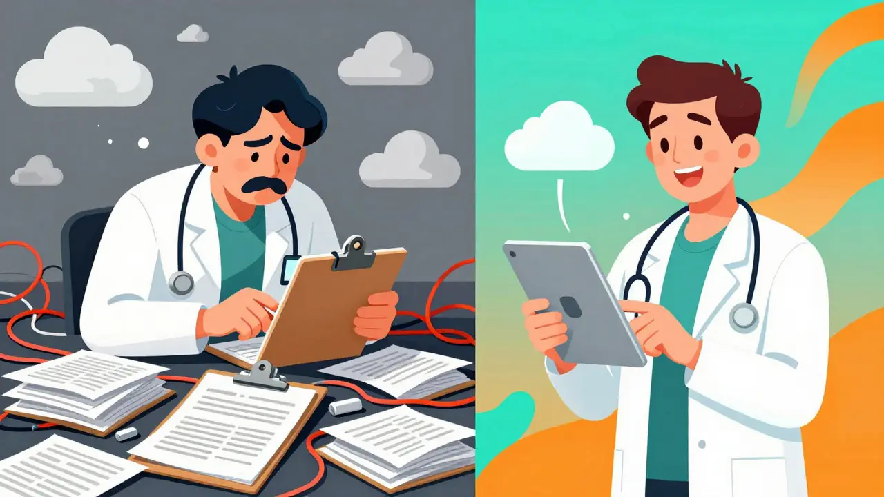 Contrast between messy paper records and clean digital health apps