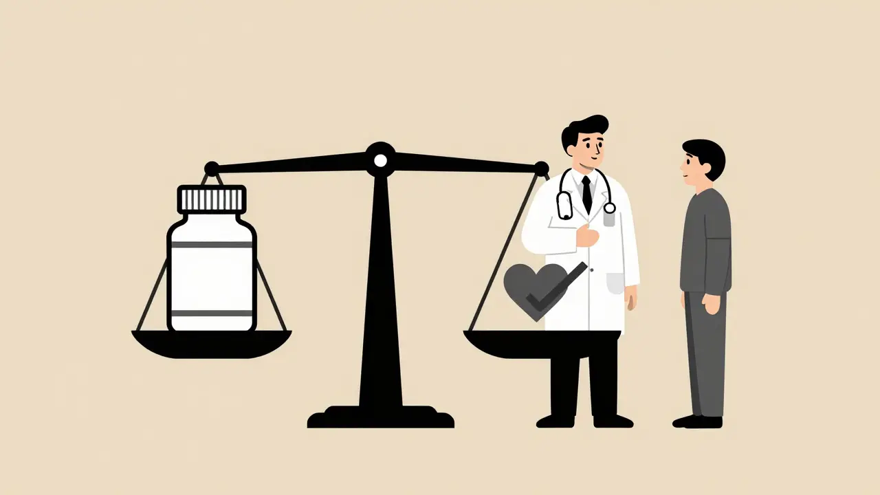 Doctor and patient discussing risks and benefits represented by a balance scale.