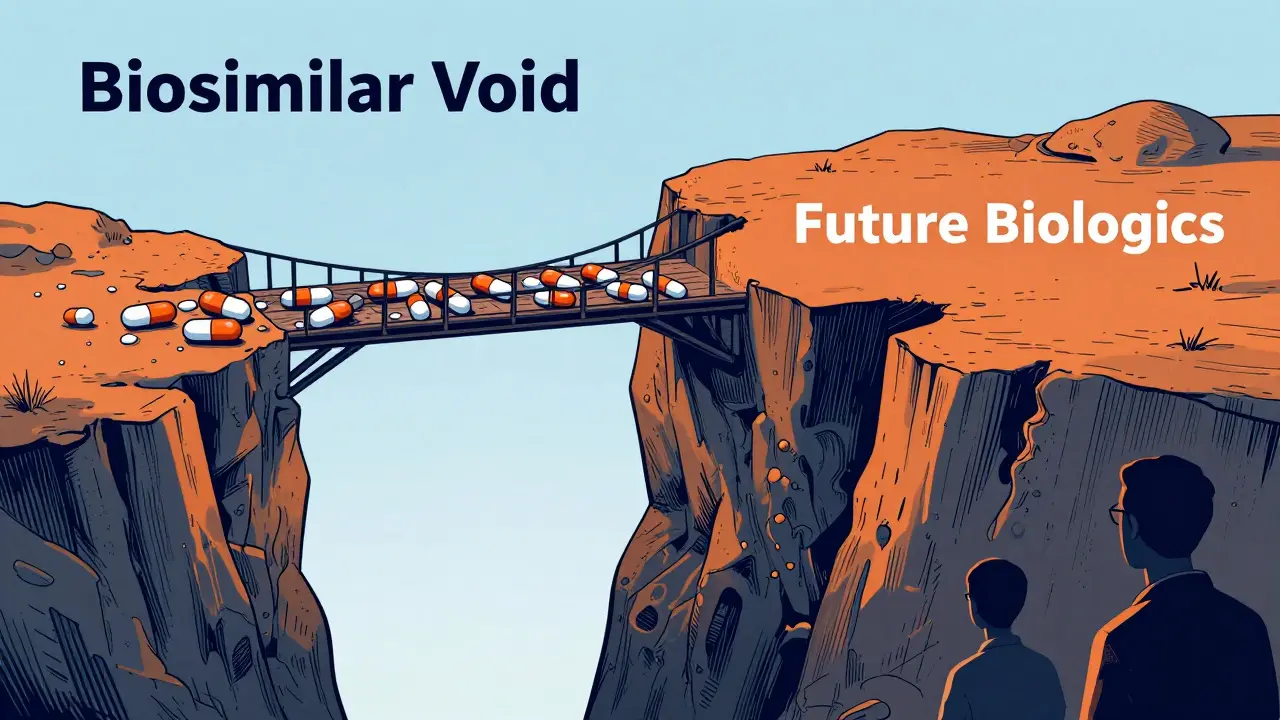 Illustration of a bridge gap representing the biosimilar void in healthcare