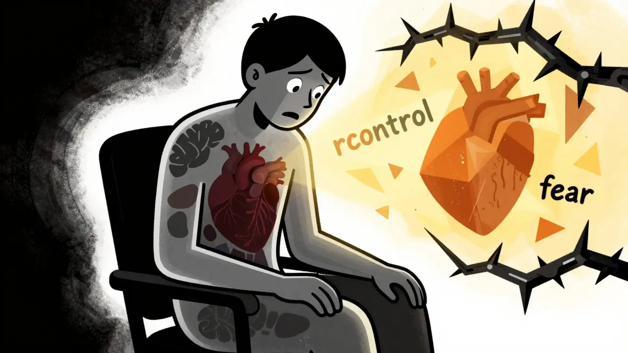 Internal struggle of anorexia shown as dark vs light forces