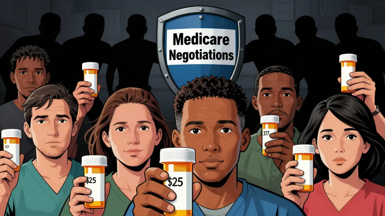 Patients celebrating affordable prescriptions against shadowy monopolies