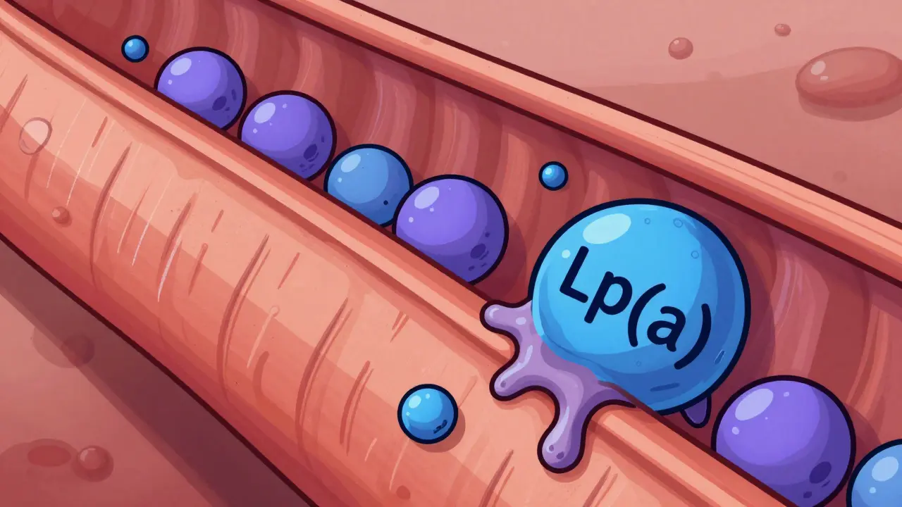 Stylized diagram showing sticky Lp(a) particles clogging an artery wall