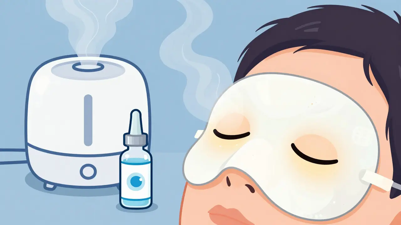 Artificial tears vial and warm compress on a clean surface