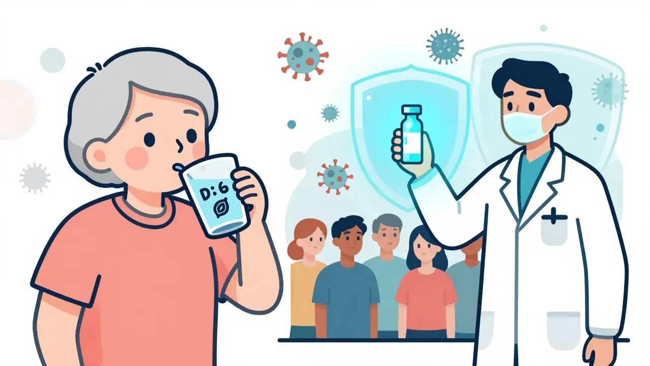 Cartoon showing oral rehydration therapy and future vaccine protection