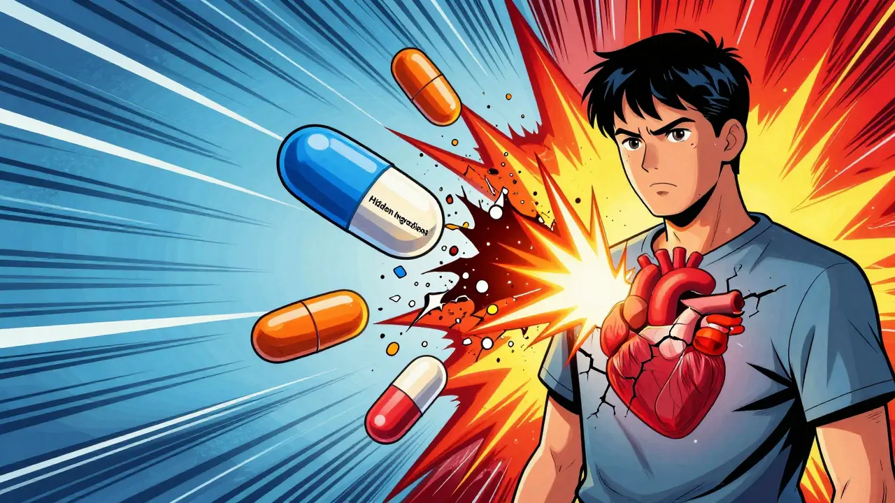 Comic art showing dangerous collision between prescription meds and hidden supplement drugs.