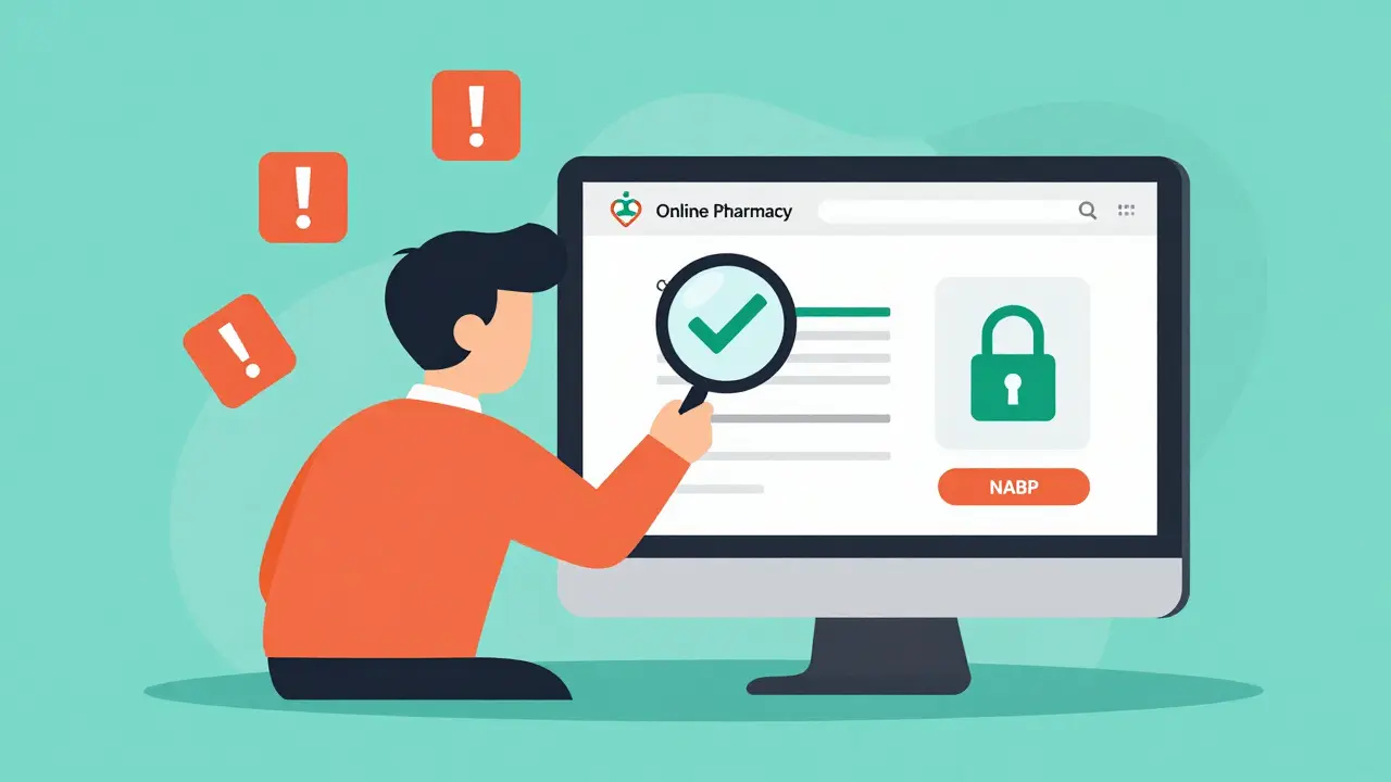 Detective checking online pharmacy safety seals and accreditation