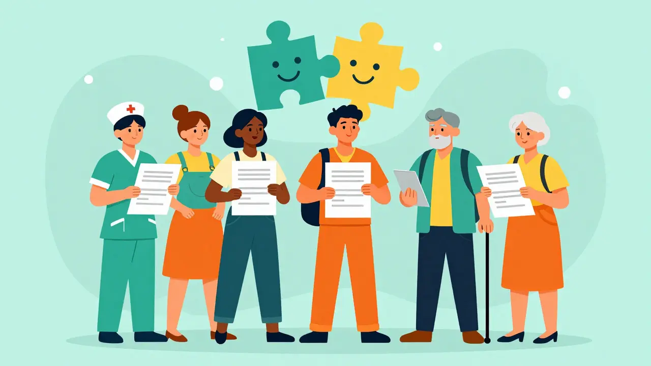 Diverse group of people holding report forms near a puzzle piece