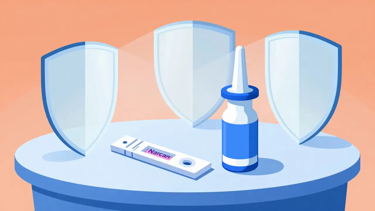 Fentanyl test strip and naloxone spray with protective light shields