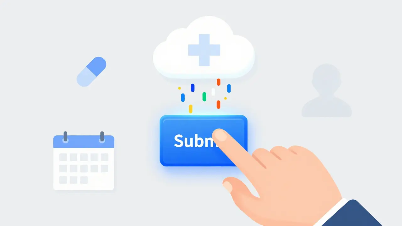 Hand pressing submit button with data flowing into a cloud