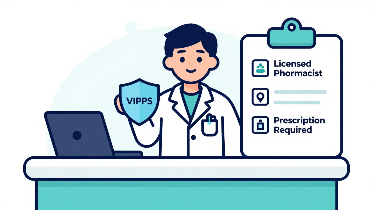 Illustration of a verified online pharmacy with safety badges and licensed pharmacist