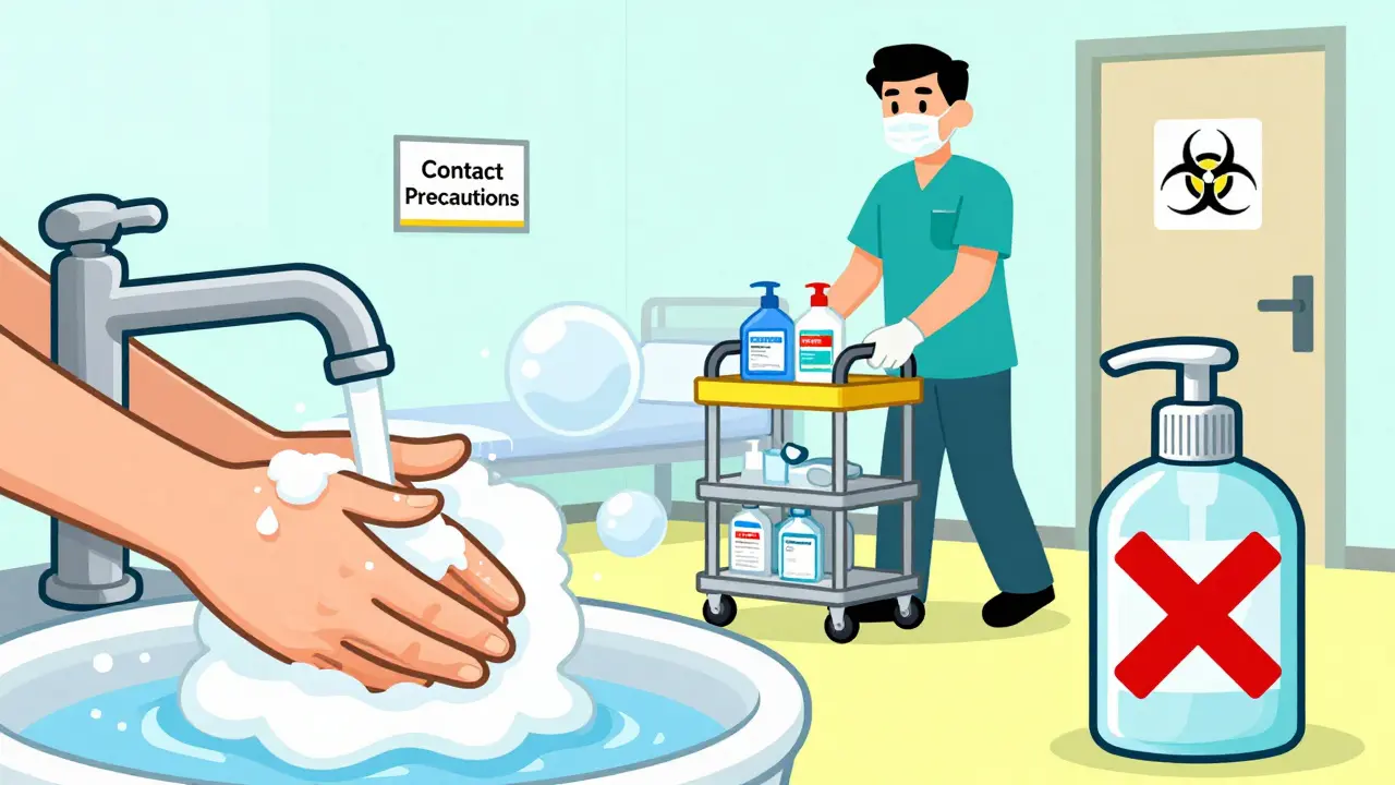 Illustration of hand washing vs ineffective sanitizer and cleaning supplies