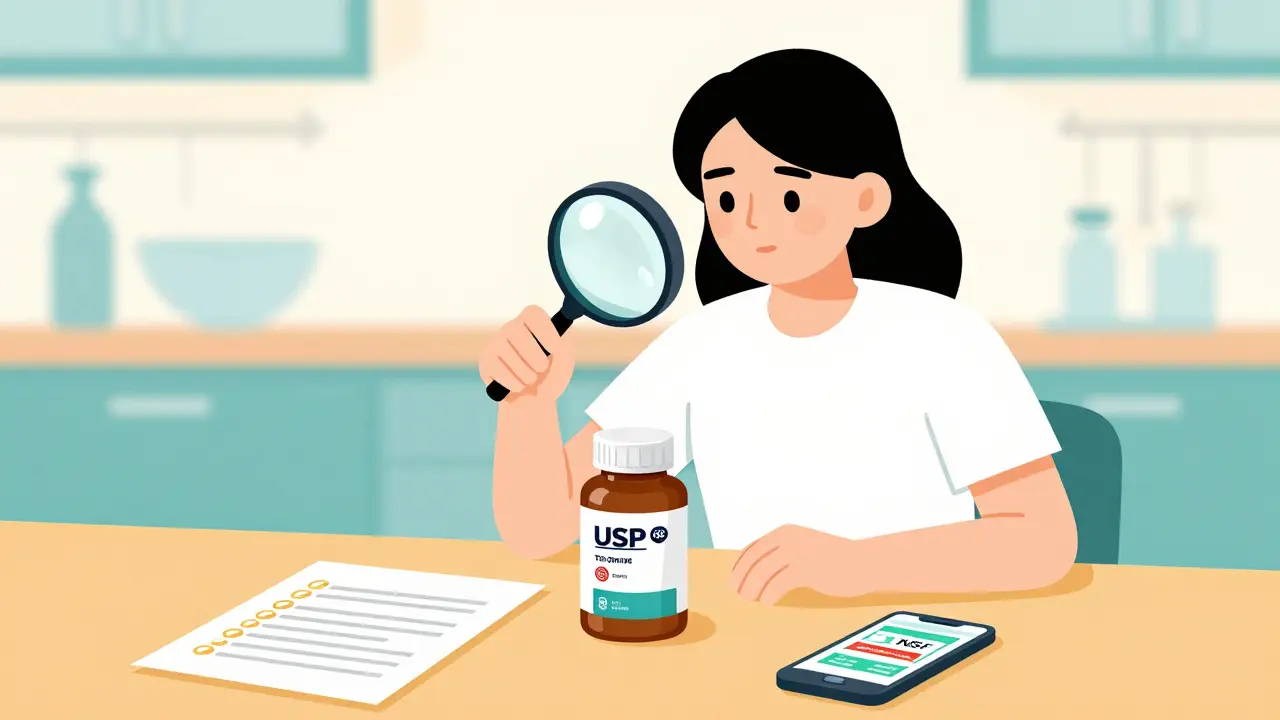 Illustration of person checking supplement labels for safety seals and consulting a pharmacist.