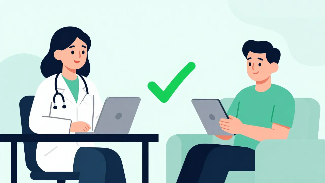 Illustration of safe telehealth doctor-patient consultation