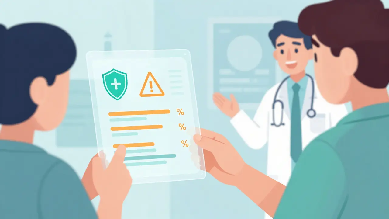 Patient reviewing visual decision aids with risk and benefit data during a medical consultation.