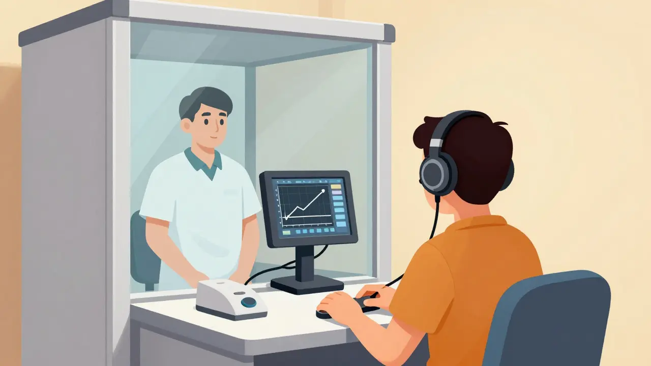 Patient undergoing a hearing test in a soundproof booth