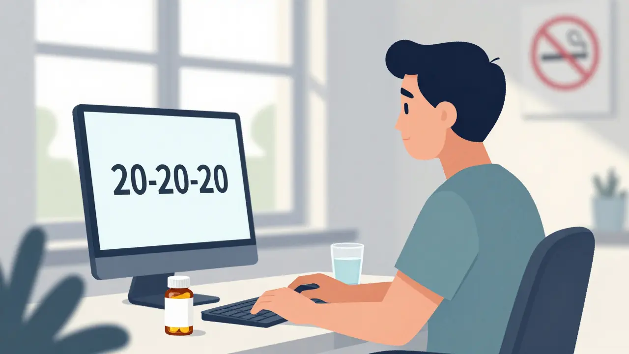 Person following 20-20-20 rule with supplements and water on desk