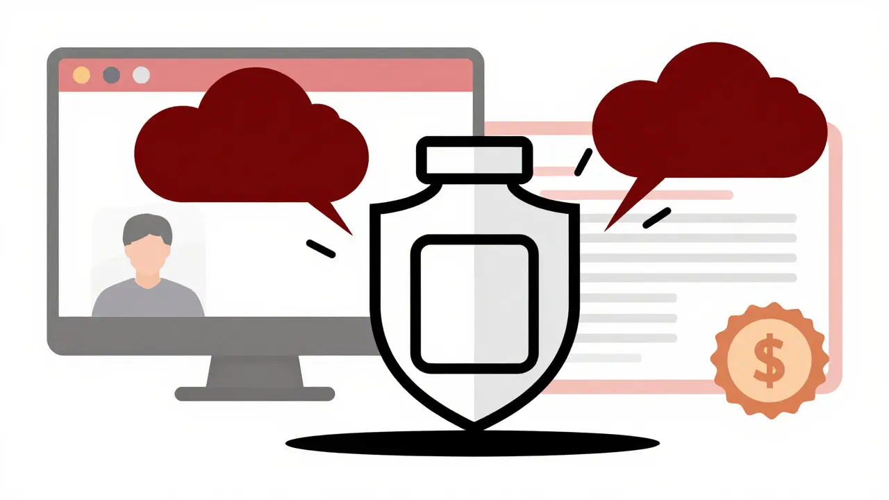Shield protecting pill bottle from scam clouds online
