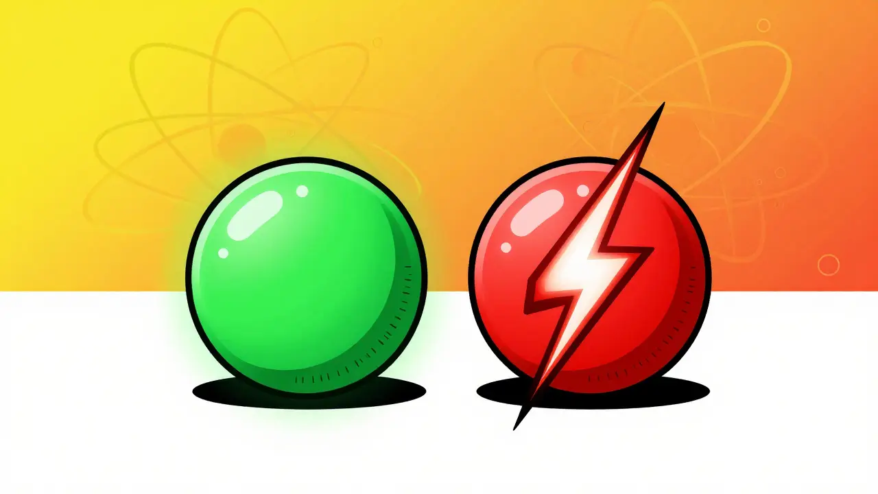 Two identical pills, one glowing green, one emitting red lightning
