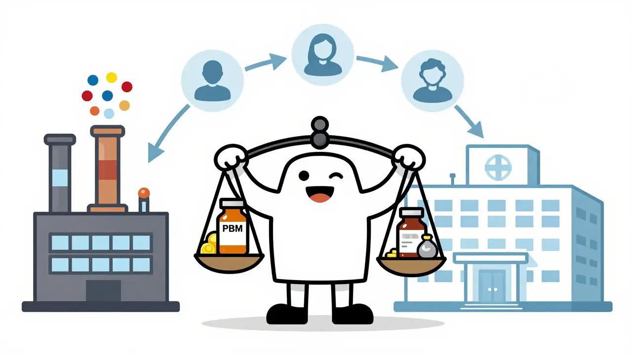 Cartoon depiction of a PBM weighing brand-name drugs against generics on a scale between factories and hospitals.