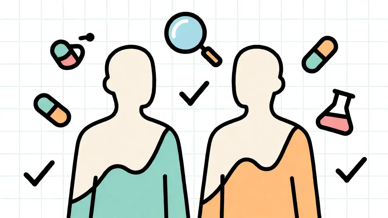 Cartoon graphic showing overlapping blood absorption graphs for brand and generic medications.