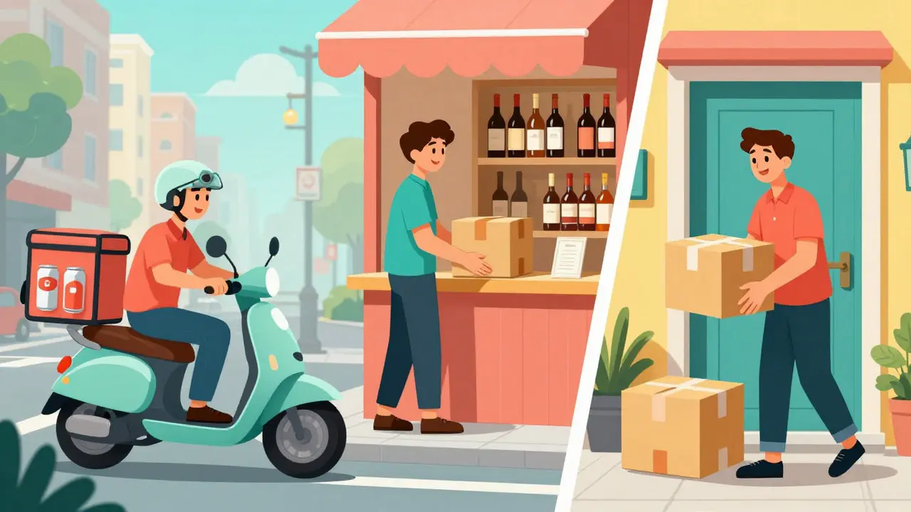 Cartoon illustration of three delivery methods: scooter courier, store pickup, and doorstep package
