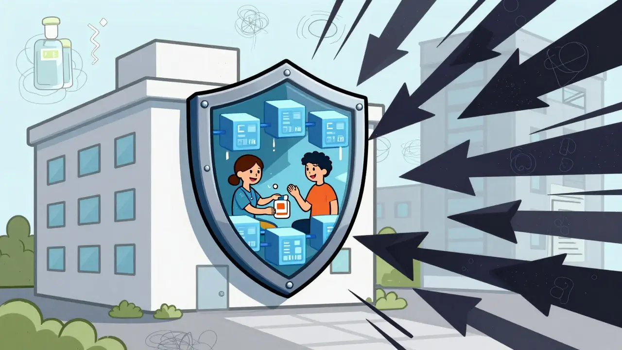 Cartoon showing a digital shield protecting a hospital from counterfeit drugs and cyber threats.