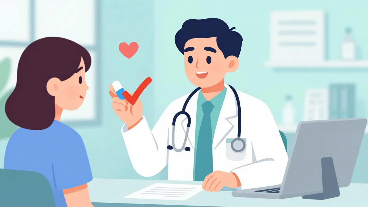 Doctor explaining generic drug equivalence to a trusting patient