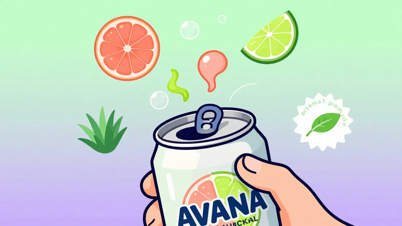 Hand holding an open sparkling cocktail can with stylized bubbles and organic icons