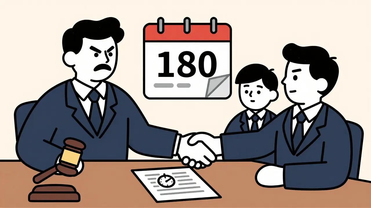 Illustration of corporate figures negotiating a settlement with a regulator watching