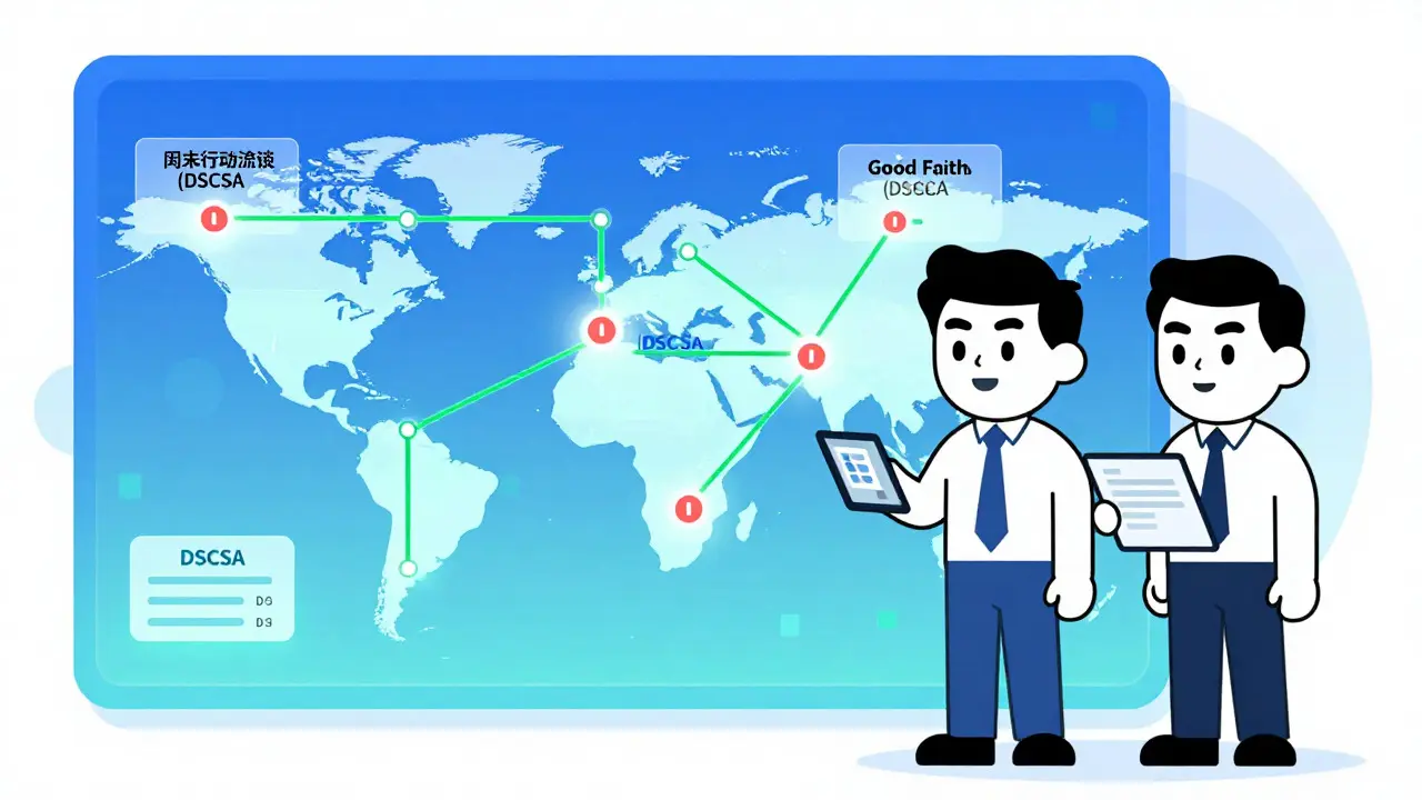 Illustration of professionals reviewing a digital supply chain map for drug traceability and insurance.